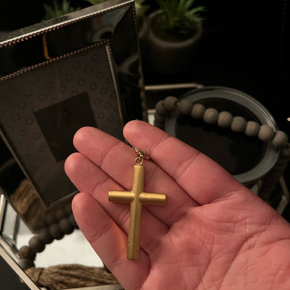 Mens cross chain. Gold iron plated stainless steel. Very nice quality